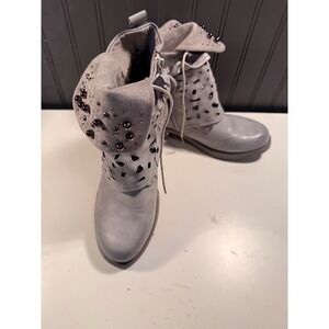 Lala Iaki Grey Studded Laser Cut Ankle Boots EU 40 Snakeskin Strap Buckle Zip